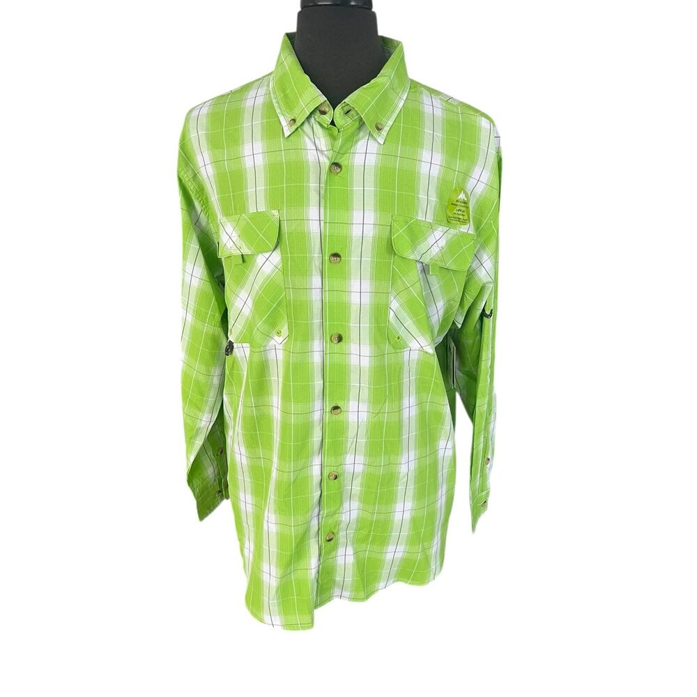 Mountain Club Outdoor Experience Mens XL Lime Grey Button Down Hiking Fishing